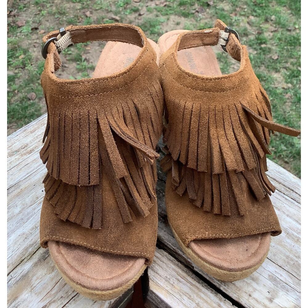 Minnetonka Suede Fringe Wedge Sandals Brown Jute Boho Espadrille Size 7 - Picture 2 of 7